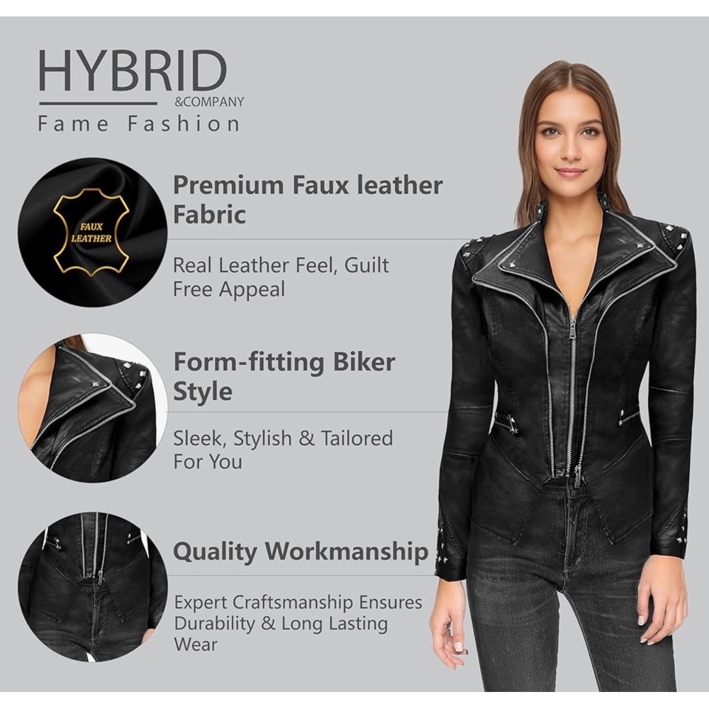 Olivia Miller Womens Black Faux Leather Studded Biker Moto Jacket XL New - Picture 2 of 15